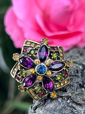 Vintage Heidi Daus Art Deco Cocktail Ring Signed Swarovski Crystal Size 5